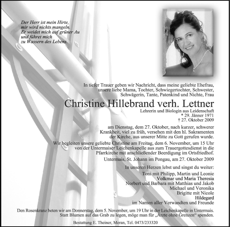  Traueranzeige für Christine Lettner vom 04.11.2009 aus Dolomiten