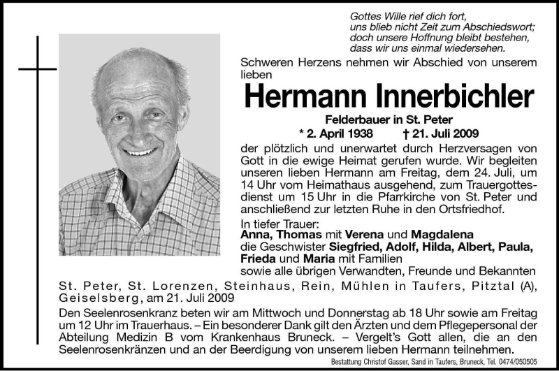  Traueranzeige für Hermann Innerbichler vom 22.07.2009 aus Dolomiten