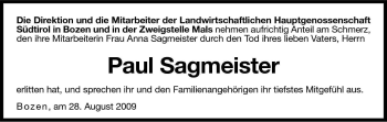Traueranzeige von Paul Sagmeister von Dolomiten