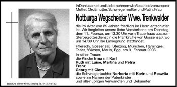 Traueranzeige von Notburga Trenkwalder von Dolomiten