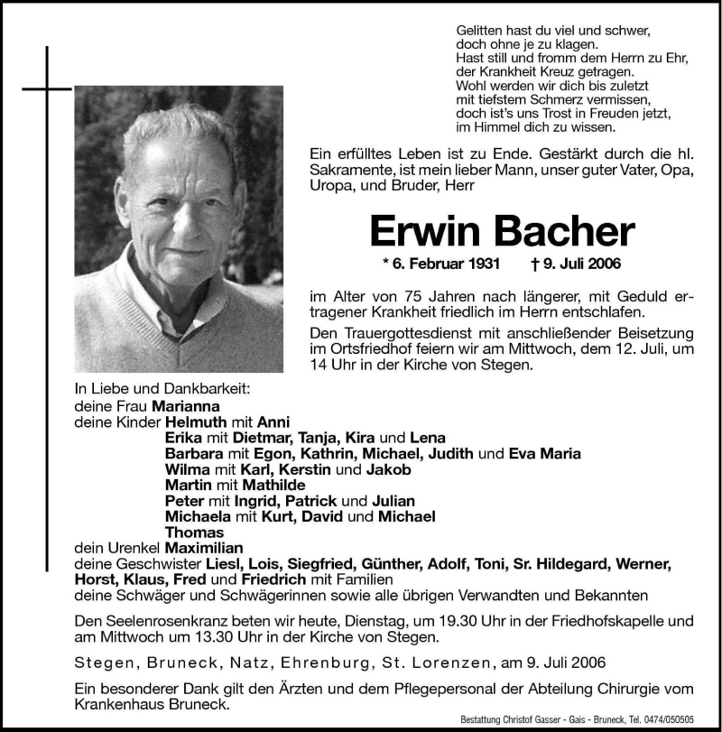 Traueranzeige für Erwin Bacher vom 11.07.2006 aus Dolomiten