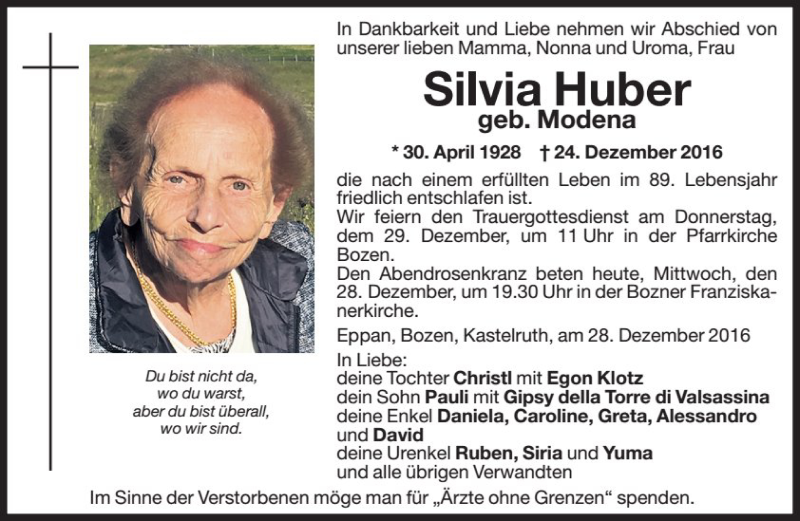  Traueranzeige für Silvia Huber vom 28.12.2016 aus Dolomiten