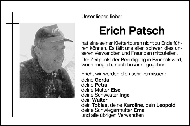  Traueranzeige für Erich Patsch vom 30.04.2001 aus Dolomiten