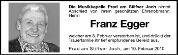 Traueranzeige von Franz Egger von Dolomiten