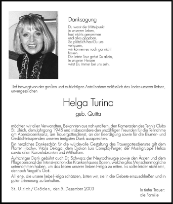 Traueranzeige von Helga Turina von Dolomiten