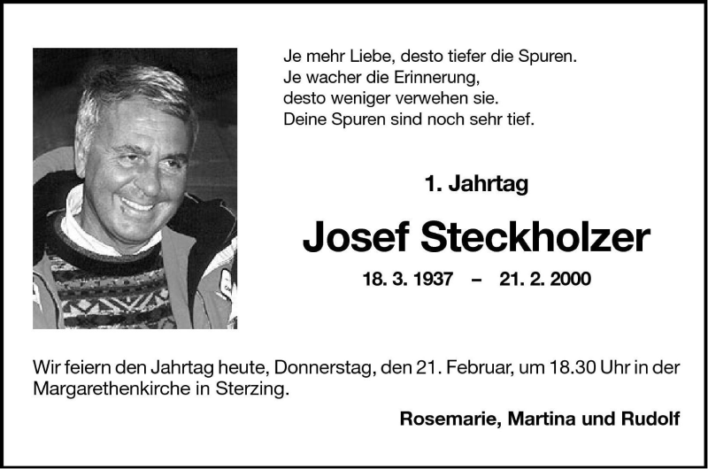  Traueranzeige für Josef Steckholzer vom 21.02.2002 aus Dolomiten