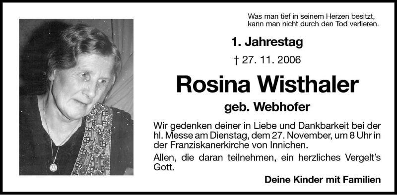  Traueranzeige für Rosina Wisthaler vom 24.11.2007 aus Dolomiten