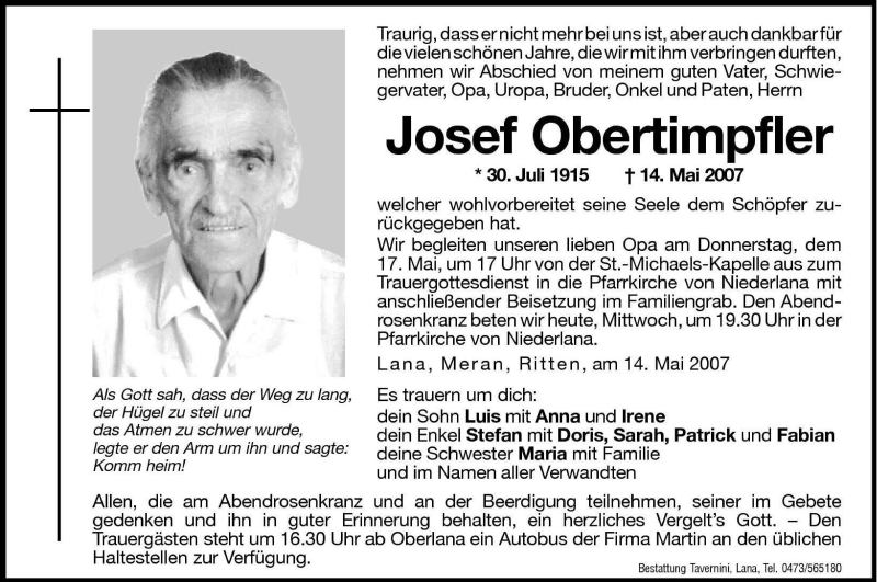  Traueranzeige für Josef Obertimpfler vom 16.05.2007 aus Dolomiten