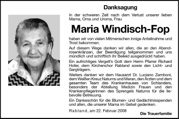 Traueranzeige von Maria Windisch-Fop von Dolomiten
