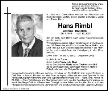Traueranzeige von Hans Rimbl von Dolomiten
