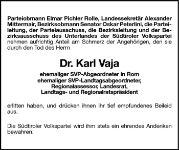Traueranzeige von Karl Vaja von Dolomiten