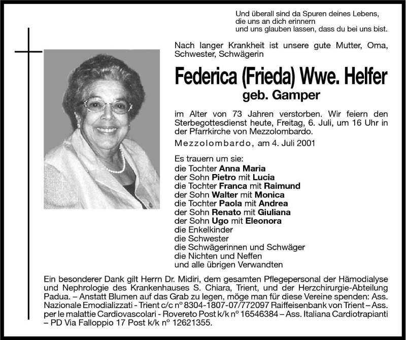  Traueranzeige für Federica (Frieda) Helfer vom 06.07.2001 aus Dolomiten