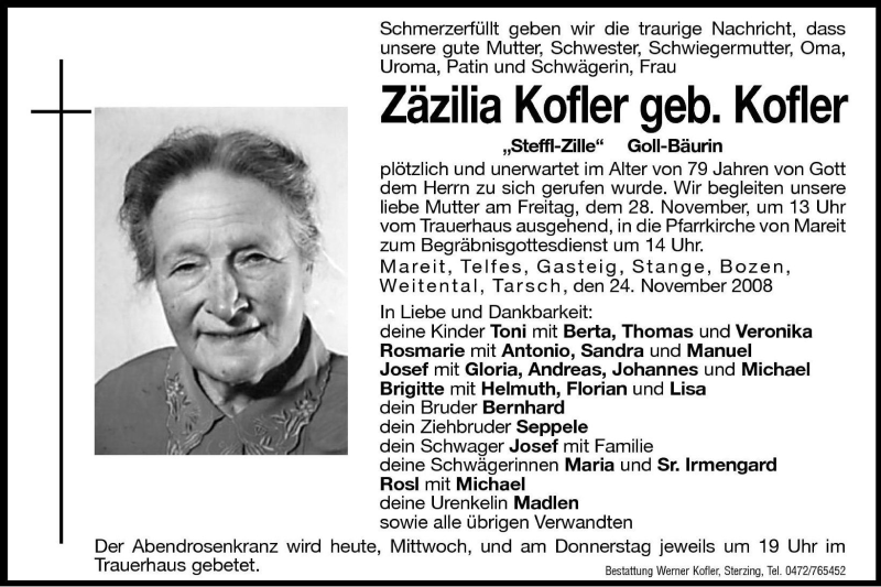  Traueranzeige für Zäzilia Kofler vom 26.11.2008 aus Dolomiten