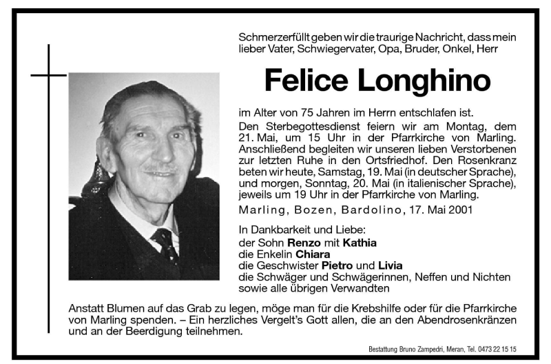  Traueranzeige für Felice Longhino vom 19.05.2001 aus Dolomiten