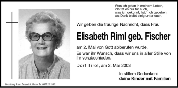 Traueranzeige von Elisabeth Riml von Dolomiten