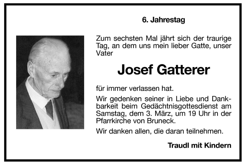  Traueranzeige für Josef Gatterer vom 02.03.2001 aus Dolomiten