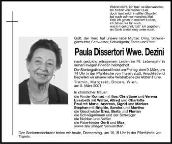 Traueranzeige von Paula Dezini von Dolomiten