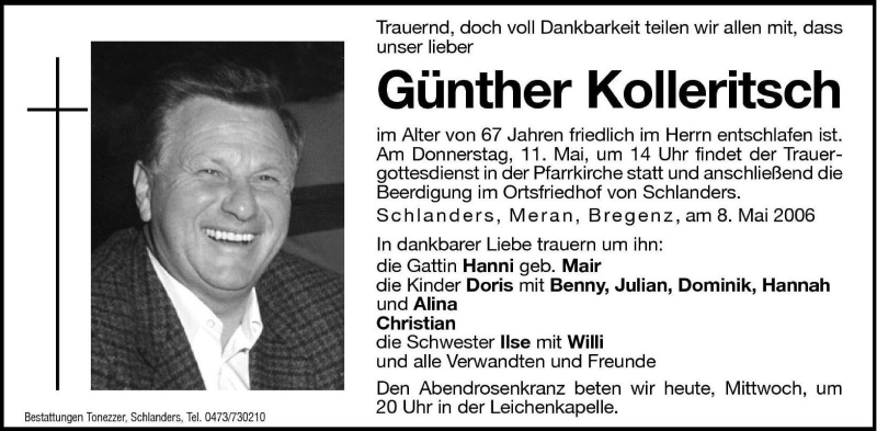  Traueranzeige für Günther Kolleritsch vom 10.05.2006 aus Dolomiten