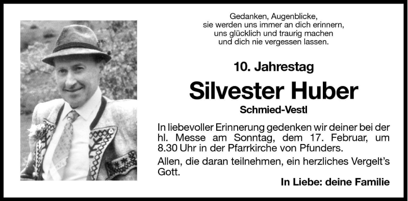  Traueranzeige für Silvester Huber vom 15.02.2008 aus Dolomiten