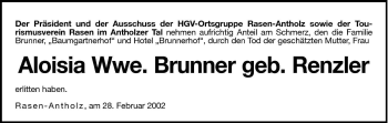 Traueranzeige von Aloisia Brunner von Dolomiten
