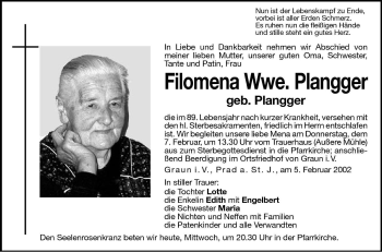 Traueranzeige von Filomena Plangger von Dolomiten