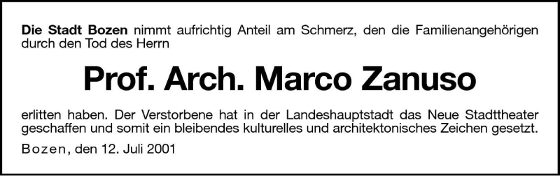 Traueranzeige für Marco Zanuso vom 12.07.2001 aus Dolomiten