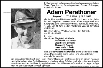 Traueranzeige von Adam Perathoner von Dolomiten