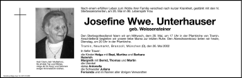 Traueranzeige von Josefine Unterhauser von Dolomiten