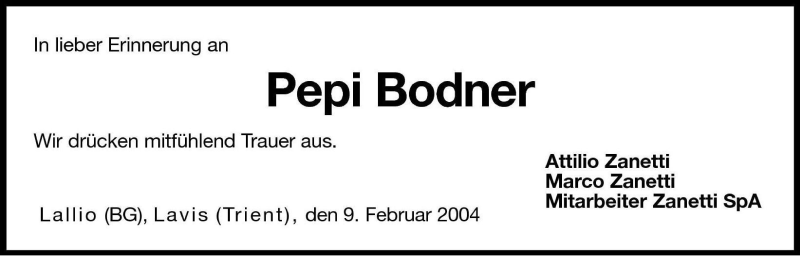  Traueranzeige für Pepi Bodner vom 10.02.2004 aus Dolomiten