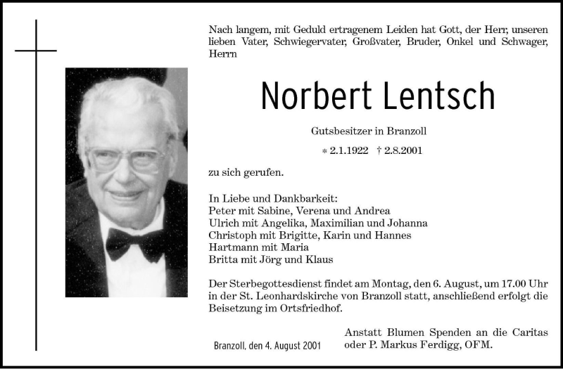  Traueranzeige für Norbert Lentsch vom 04.08.2001 aus Dolomiten