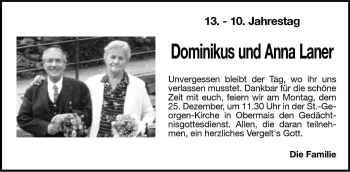 Traueranzeige von Dominikus und Anna Laner von Dolomiten
