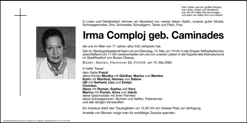  Traueranzeige für Irma Comploj vom 13.05.2002 aus Dolomiten