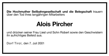 Traueranzeige von Alois Pircher von Dolomiten