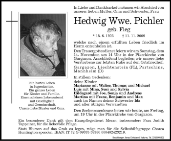Traueranzeige von Hedwig Pichler von Dolomiten