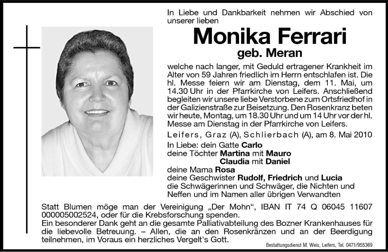  Traueranzeige für Monika Ferrari vom 10.05.2010 aus Dolomiten