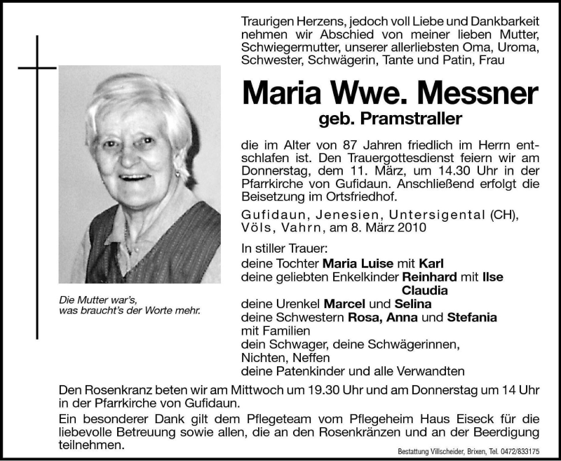  Traueranzeige für Maria Messner vom 10.03.2010 aus Dolomiten