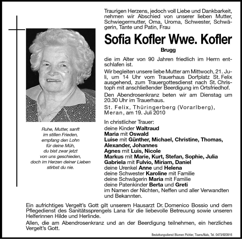  Traueranzeige für Sofia Kofler vom 20.07.2010 aus Dolomiten