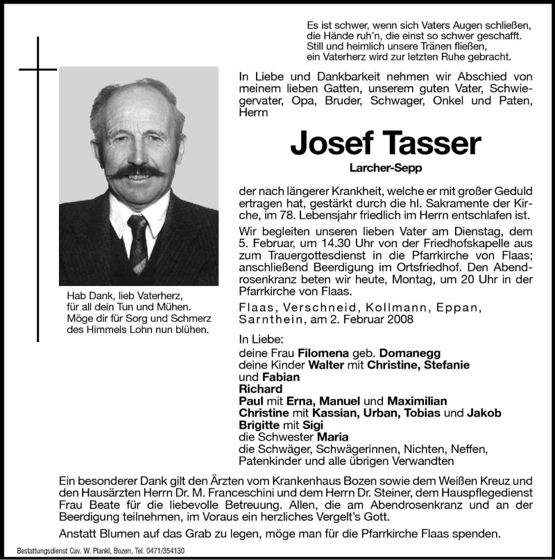 Traueranzeige für Josef Tasser vom 04.02.2008 aus Dolomiten