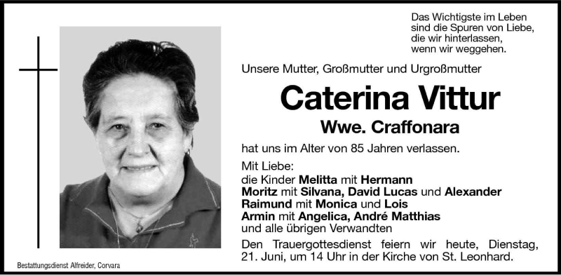  Traueranzeige für Caterina Craffonara vom 21.06.2005 aus Dolomiten