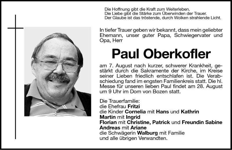  Traueranzeige für Paul Oberkofler vom 20.08.2010 aus Dolomiten
