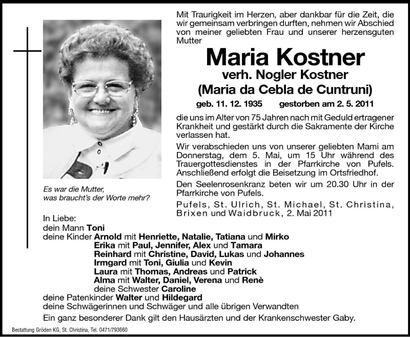  Traueranzeige für Maria Kostner vom 04.05.2011 aus Dolomiten