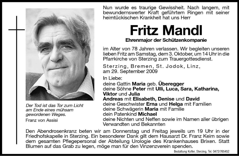  Traueranzeige für Fritz Mandl vom 01.10.2009 aus Dolomiten