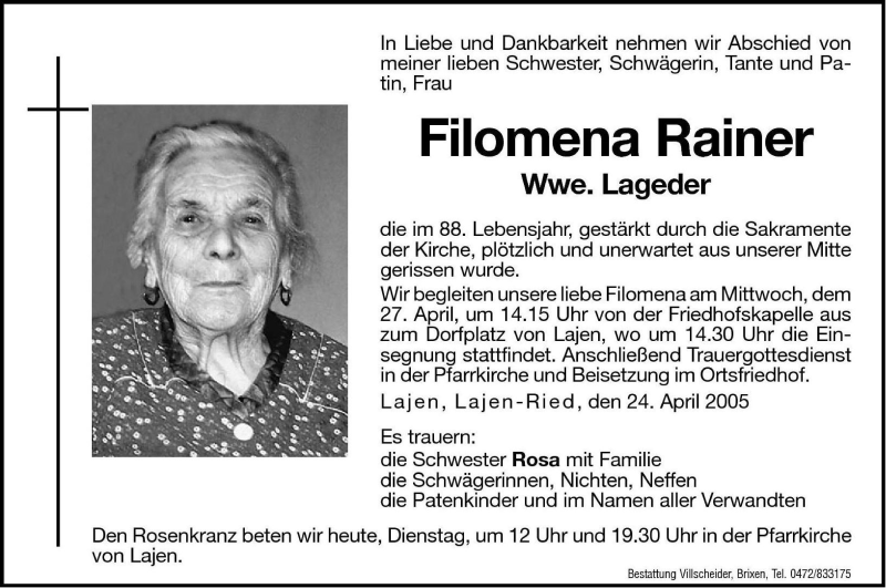  Traueranzeige für Filomena Lageder vom 26.04.2005 aus Dolomiten