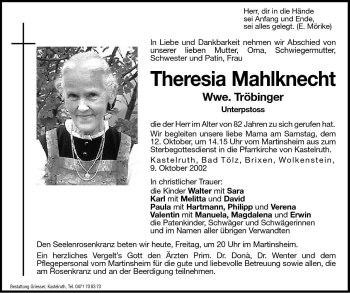 Traueranzeige von Theresia Mahlknecht von Dolomiten