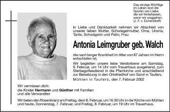 Traueranzeige von Antonia Leimgruber von Dolomiten