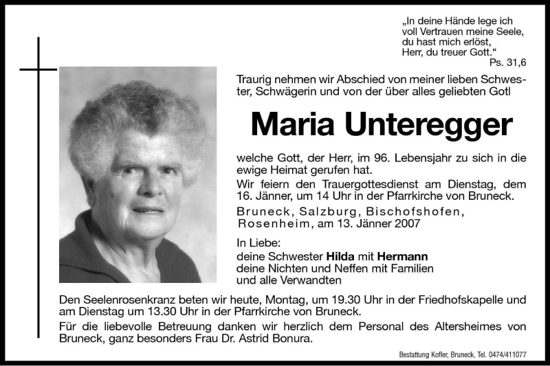 Traueranzeigen von Maria Unteregger | Trauer.bz