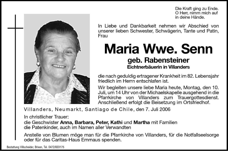  Traueranzeige für Maria Senn vom 10.07.2006 aus Dolomiten