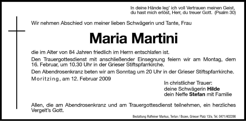  Traueranzeige für Maria Martini vom 13.02.2009 aus Dolomiten