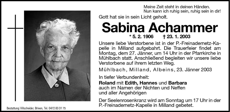  Traueranzeige für Sabina Achammer vom 25.01.2003 aus Dolomiten