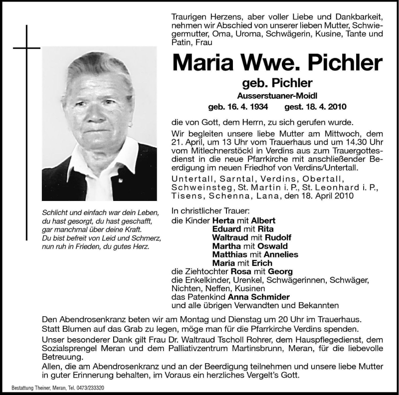  Traueranzeige für Maria Pichler vom 19.04.2010 aus Dolomiten